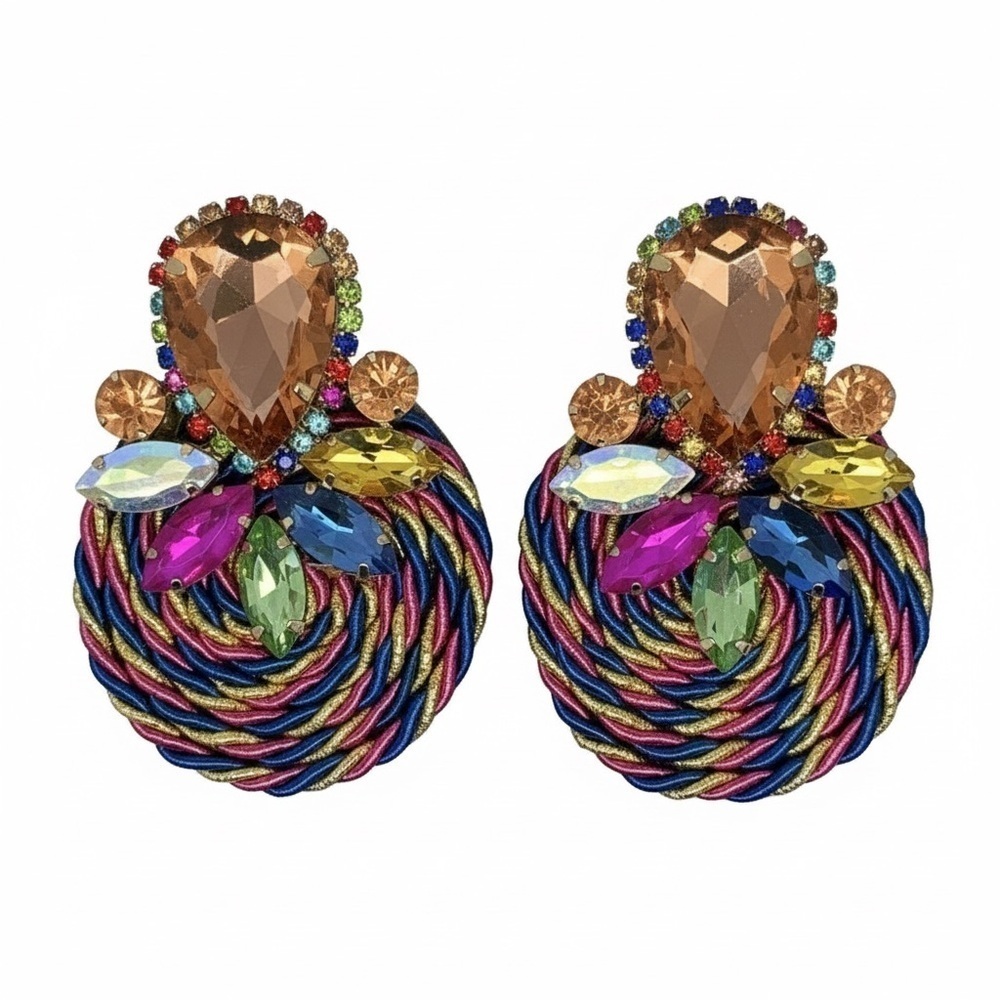 Bold MultiColor Rhinestones & Rope Dangle Earrings - Post Back - Picture 3 of 7